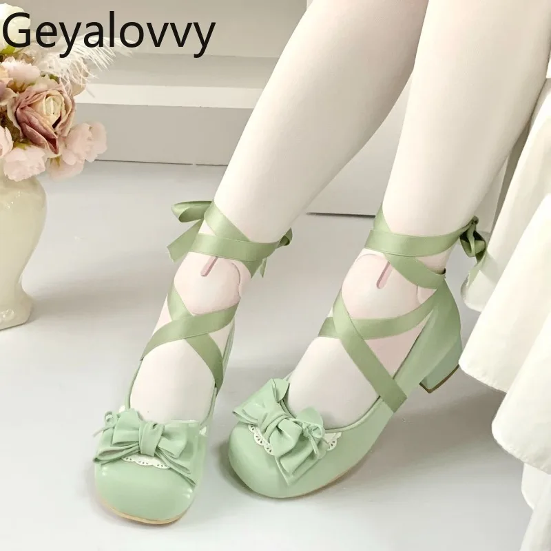 

Japanese Style Original Solid Color Round Toe Mid-Heel Shoes Sweet Cute Lolita Versatile Lace-Up Bowknot Single Shoes for Girls