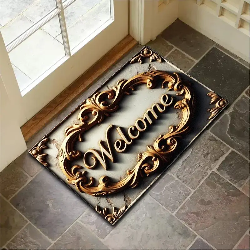 VIKAMA European Retro Gilded Curled Grass Carving WELCOME Mat, Durable Non-Slip Entrance Rug for Home & Bathroom Decor