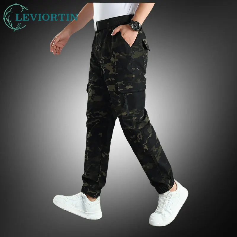 Pantaloni cargo mimetici da uomo con tasche multiple Streetwear Techwear Pantaloni tattici da pista Pantaloni grigi Pantaloni da jogging in vita elastica