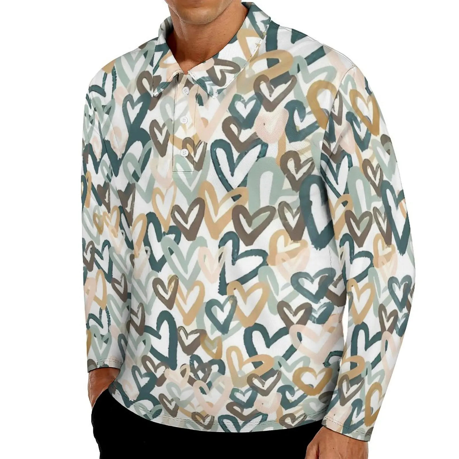 

Abstract Hearts Print Casual T-Shirts Male Long Sleeve Polo Shirts Collar Y2K Spring Design Shirt Plus Size 4XL 5XL