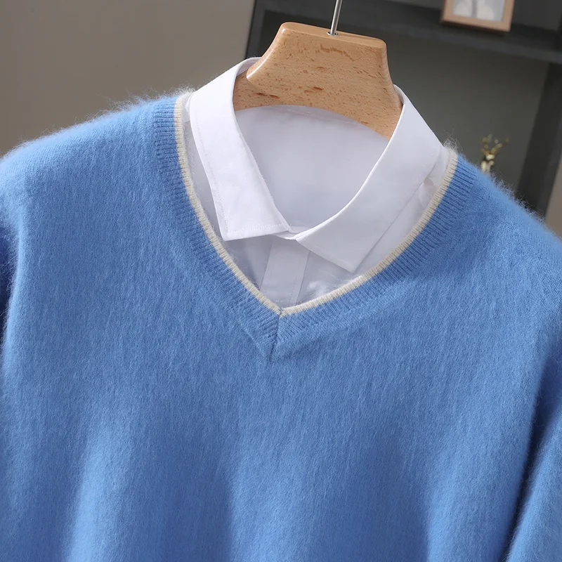 جديد الخريف/الشتاء سترة صوفية للرجال 100% المنك الكشمير الخامس الرقبة البلوز سترة ، فضفاض المتضخم محبوك قاعدة ، سترة دافئة