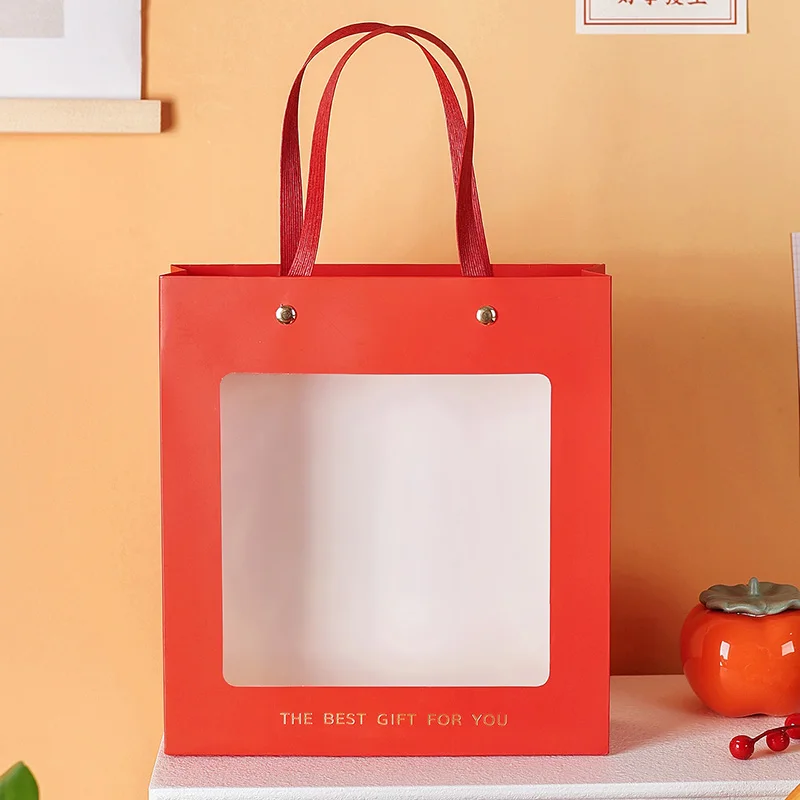 

Red New Year 2026 Handbag Window Opening Krt Paper Paaging Bag Gift Souvenir Year Gift Bag Eco-Friendly Deadable