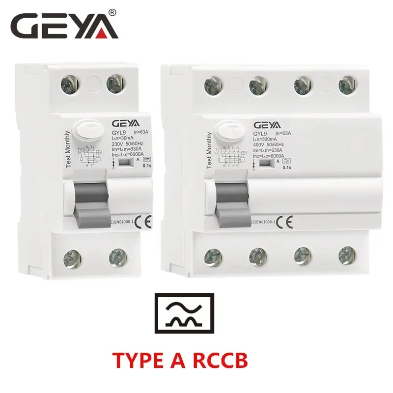 GEYA GYL9 Type A Electromagnetic RCD Residual Current Circuit Breaker AC ELCB 2 Pole 40A 63A 30mA 100mA 300mA RCCB 1P+N