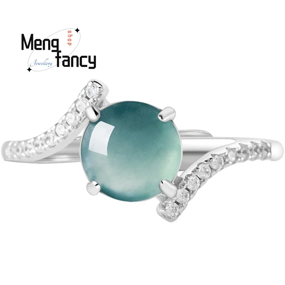 S925 Silver Inlaid Natural A-goods Jadeite Blue Water Egg Surface Ice Jade Ring High-grade Exquisite Couple Promise Fine Jewelry