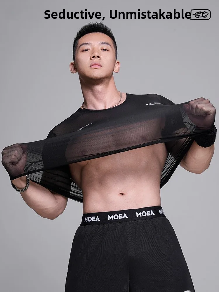 

Мужская летняя футболка MooCube для фитнеса и тренировок, дышащая, сексуальная, прозрачная, с принтом, вязаная