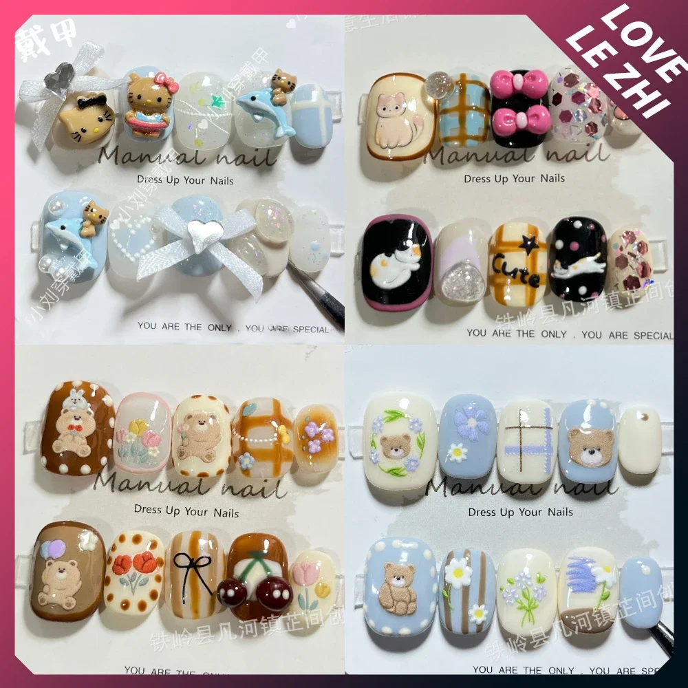 

Sanrioed Hello Kittys Handmade Press On Short Ellipse Nails Cartoon Cinnamoroll Full Cover Detachable Bow Creative Fake Nail