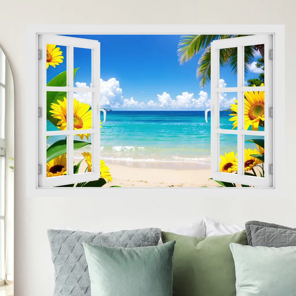 Imitation Window Natural Landscape Wall Stickers Decorative Sunflower Beach Landscape Sunrise Bohemian Living Room Home Decor