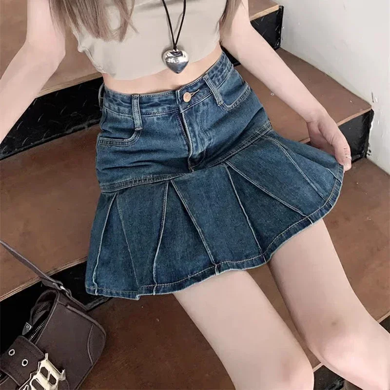 Summer Women High Waist Pleated Shorts Skirts Girls Korean Vintage Denim Dress Female Fashion Punk Retro Blue Punk Jeans Dress