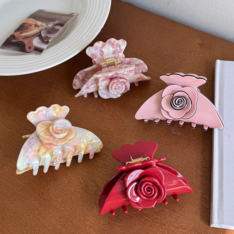 

New French Vintage Rose Hair Claw Acetate Colorful Flower Claw Clip Large Gentle Hair Claws Hair Accessories for Women Girls