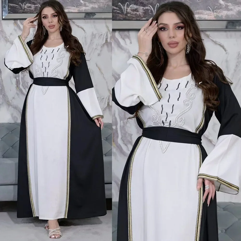 

Arabia Muslim Dress Women New Dubai Abaya Lace-up Casual Party Elegance Long Sleeve Daily Dress Kaftan Femme Musulman with Belt