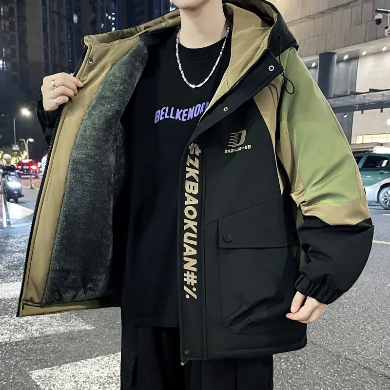 Fashion Men's Thick Fleece Liner Hooded Jackets 2026 Autumn Winter Youth Warm Plush Coat Outwear Windproof Loose Padded Clothing