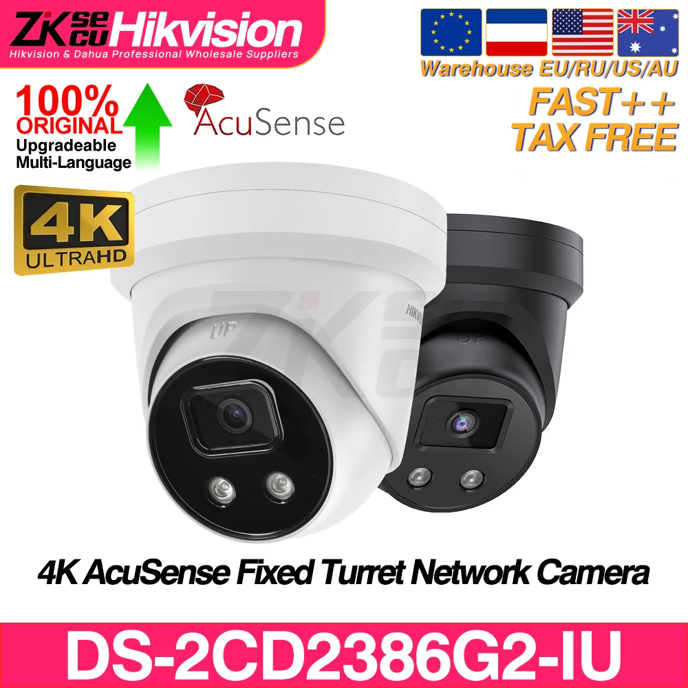 Hikvision 8MP IP Camera DS-2CD2386G2-IU 4K Turret PoE Acusense Human Vehicle Classification Built-In Mic SD Card Slot H265+ IP67