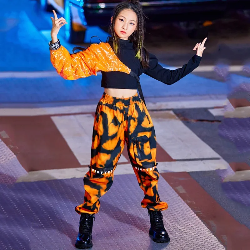 Orange Sequins Sleeved Loose Pants Streetwear Jazz Performance Costumes Clothes Children Hip Hop Dance Costumes