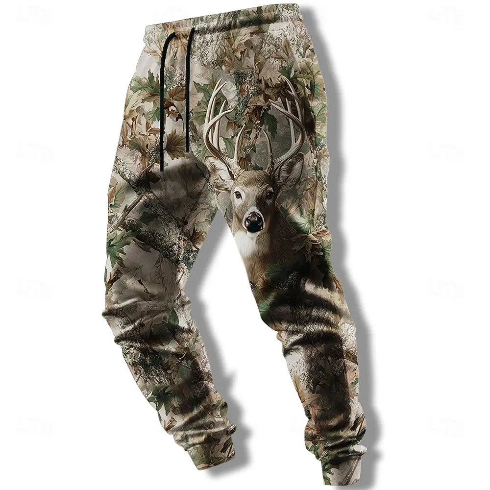 

Мужские спортивные штаны 2025 года, джоггеры из полиэстера с рисунком охоты на оленей, облегающие повседневные брюки для отдыха с карманами, весенне-осенняя уличная одежда