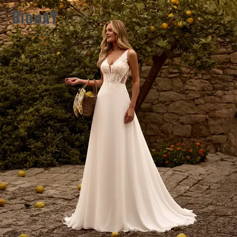 BIGDAY Scollo a V in pizzo A-Line Abiti da sposa Applique in chiffon senza maniche aperto sul retro Piega Abito da sposa Abiti da Noiva Personalizzato