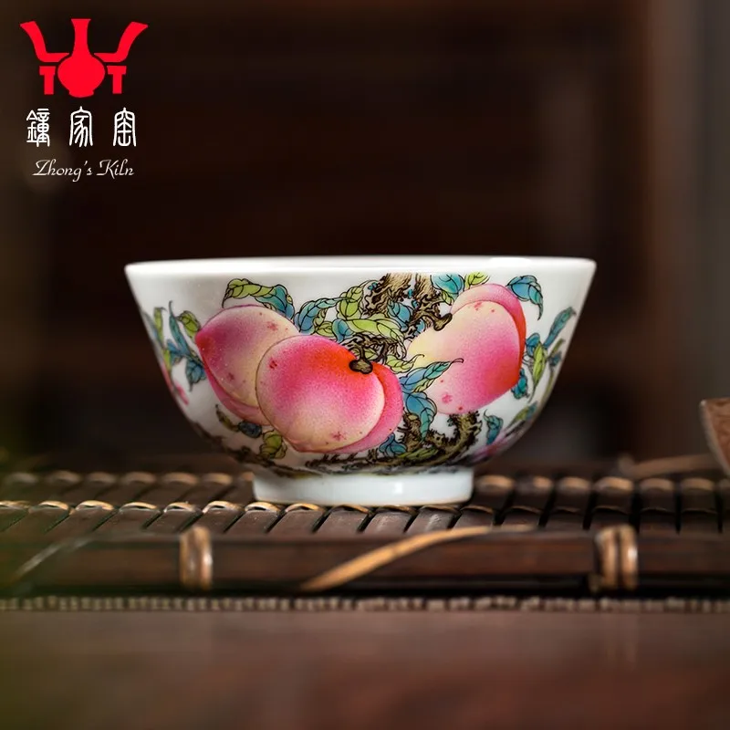 Zhongjia Kiln Jingdezhen Handmade Nine Peach Five Fu Longevity Peach Master Cup Single Cup High-End Enamel Color Tea Set Office