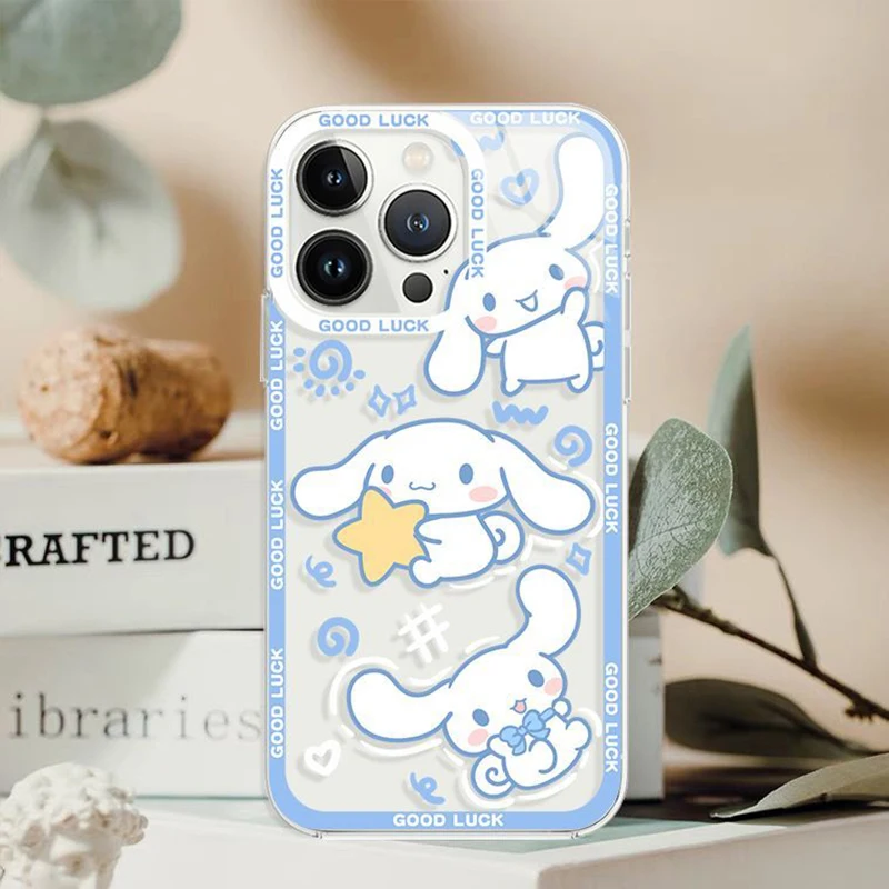 Lovely Sanrio Cinnamoroll Phone Case For Iphone 15 14 13 12 11 Pro Max 7 8 Plus X XR XS Max Girl Gift Transparent Phone Cover