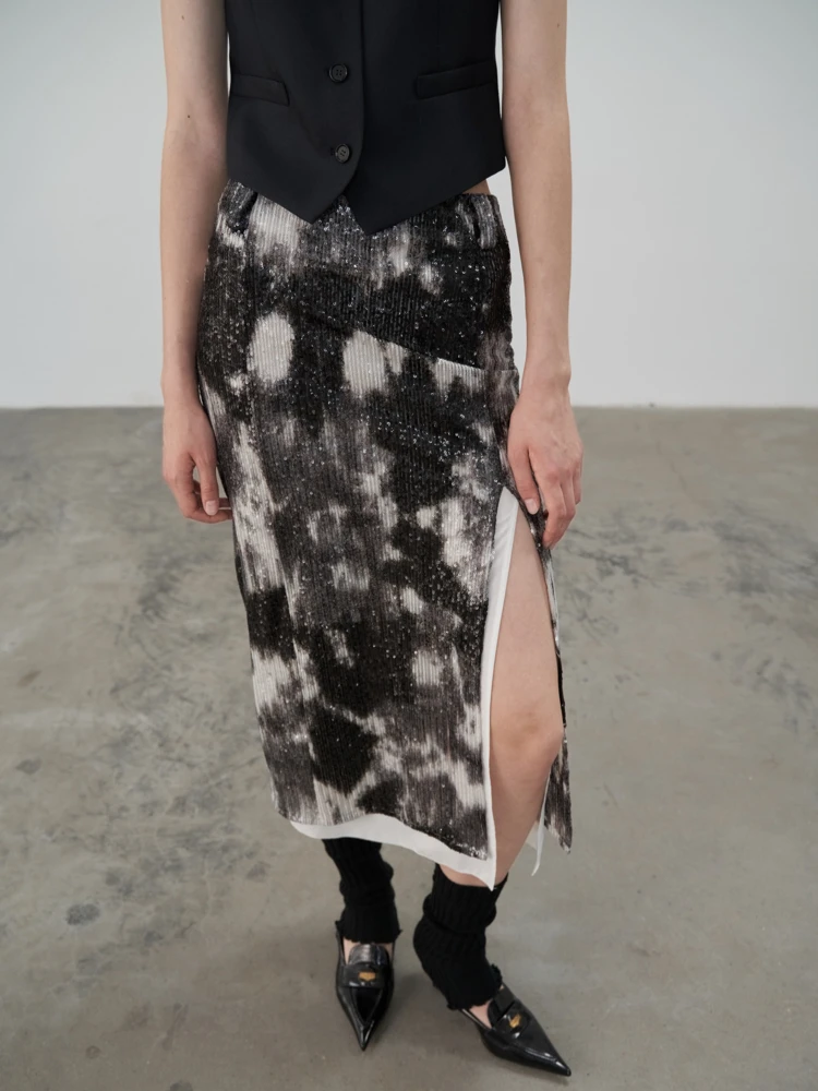 

Бренд Heemmi, прямая юбка с эффектом тай-дай, аулиптическая блестящая прямая юбка с разрезом, полиэстер со средней талией