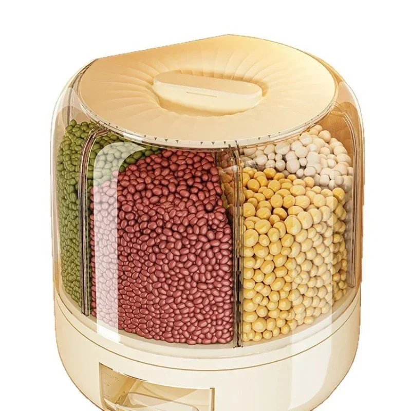 Grains storage box, rotatable rice bucket, sealed jar grid rice tank, food grade moisture-proof and insect-proof