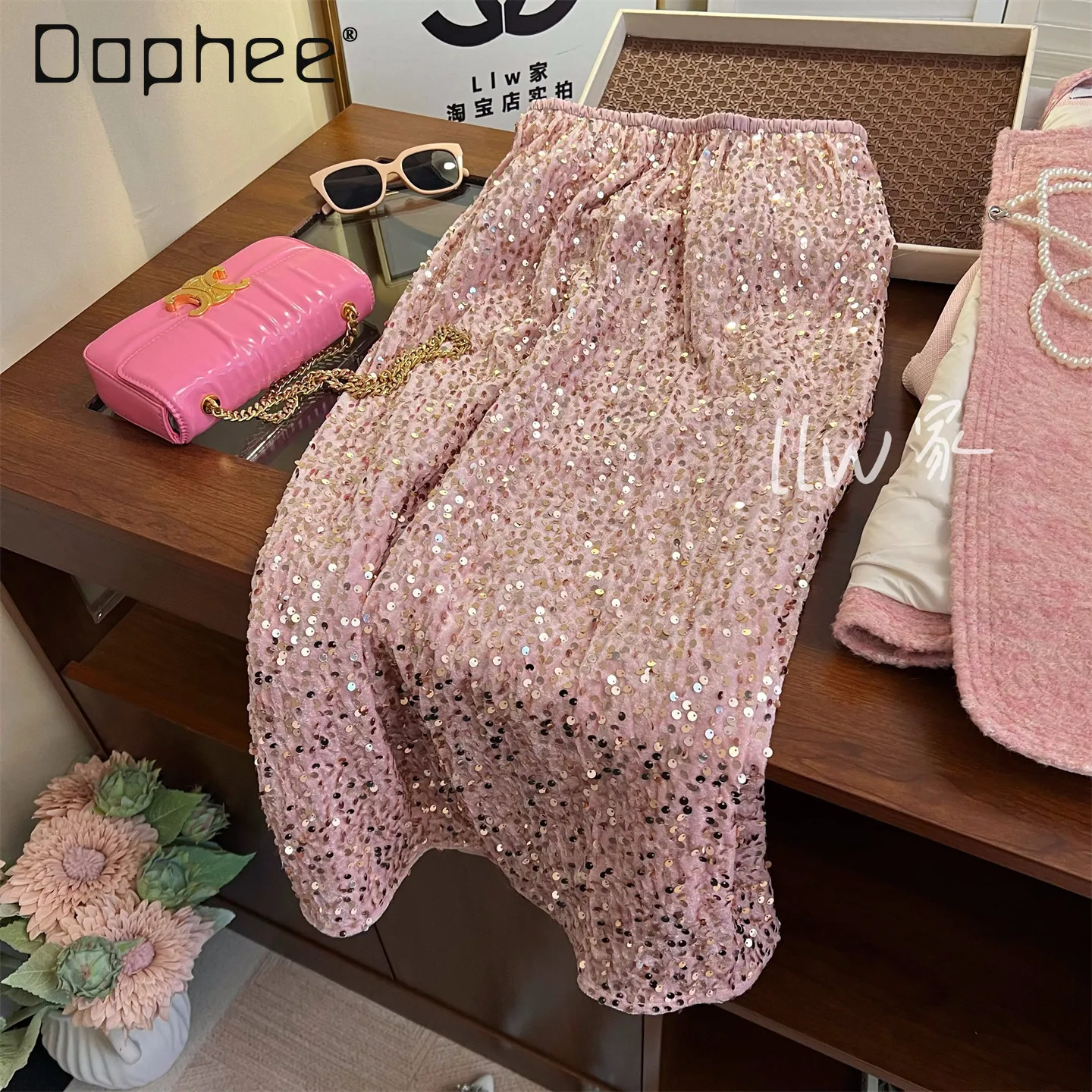 

2026 Early Spring New Luxury Pink Sequin Skirt for Women Elastic High Waist Versatile Slimming Straight Mid-Length Skirt Female