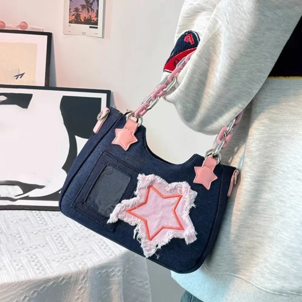 

Denim Women's Handbag Stars Pattern Large Capacity Designer Japanese Girls Itabag Badge and Doll Displays