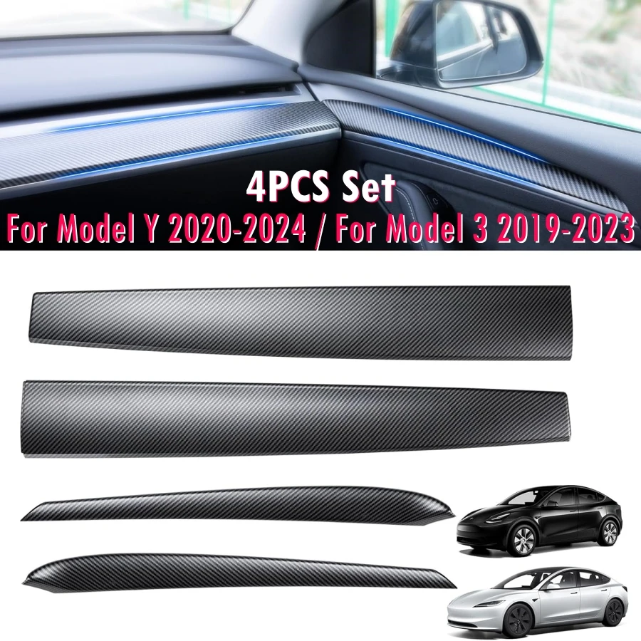 

4PCS ABS Matt Carbonfiber Pattern ABS Dashboard Cover For Tesla Model Y Model 3 Door Trim Wrap Inner Front Door Panel Trim Kit