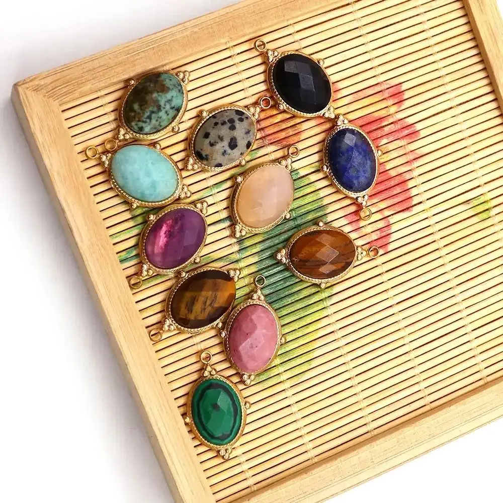

Oval Natural Amethyst Black Agate Tiger Eye Stone Inlaid Pendant Golden Single Hole Charms Retro Necklace Jewelry Accessory 1 Pc