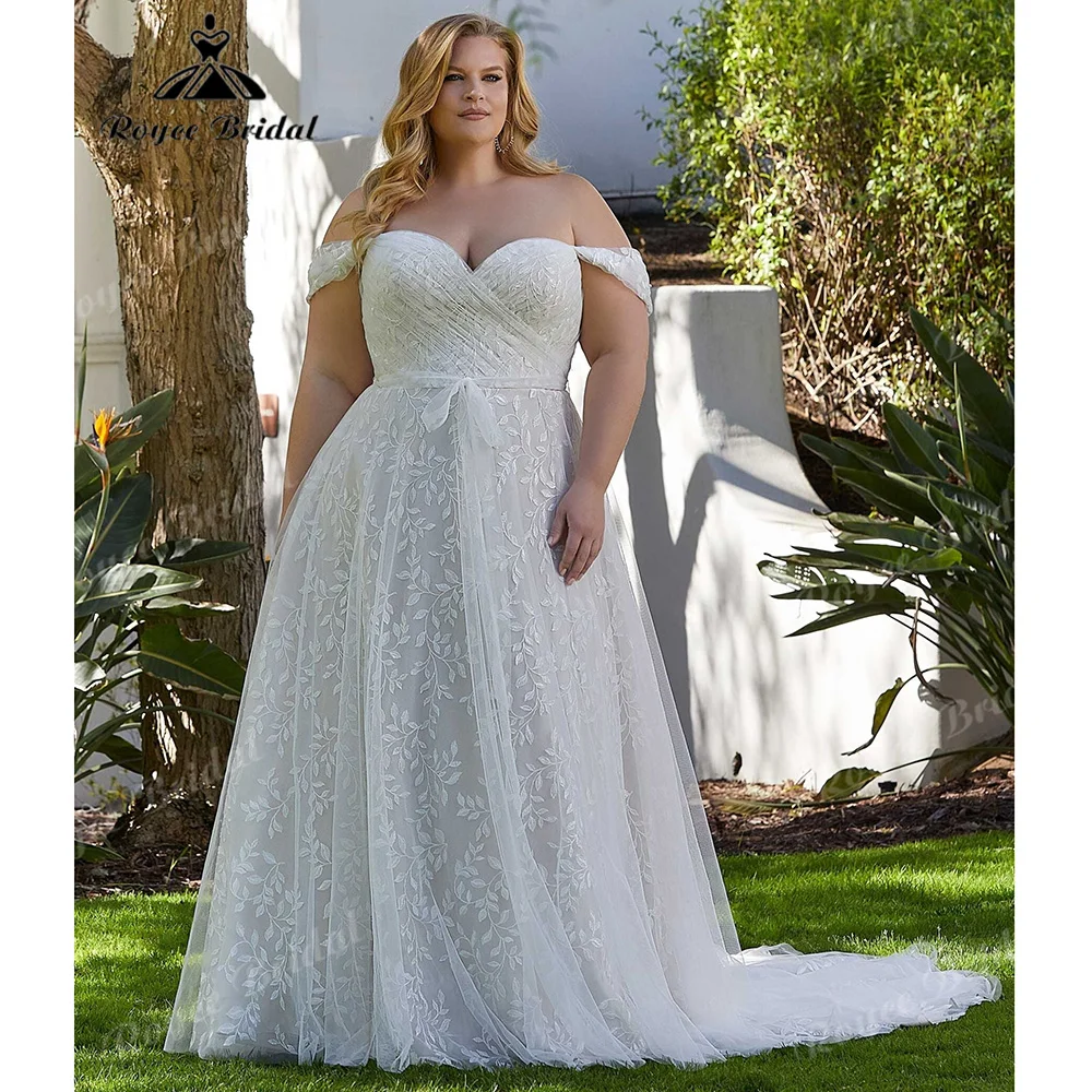 Plus Size Detachable Off Shoulder Wedding Dress All Over Cascading Leaf Hidder Zipper Low Back Tulle A Line Bridal Gown Customiz