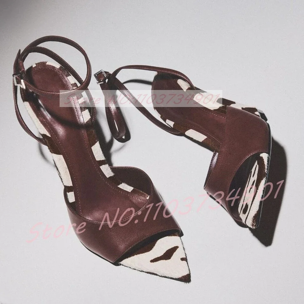 Zebra-Print Horsehair Wedge Sandals Women Ankle Strap Clear Open Pointed-toe High Heels Sandals Lady Event Party Splicing Shoes view 2