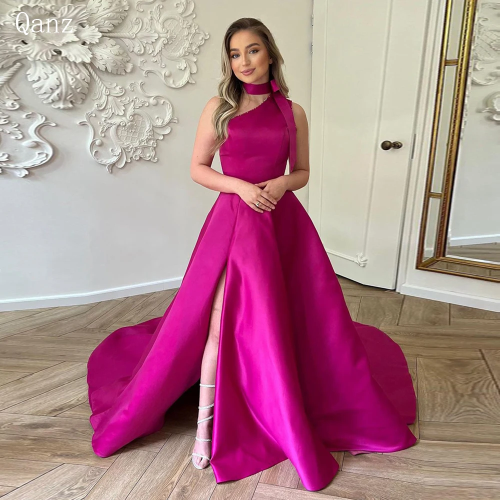 

Qanz Sexy Backless Fuchsia A-line Prom Dresses One Shoulder Beadings High Split Arabic Femme Formal Evening Dress Robe De Soiree