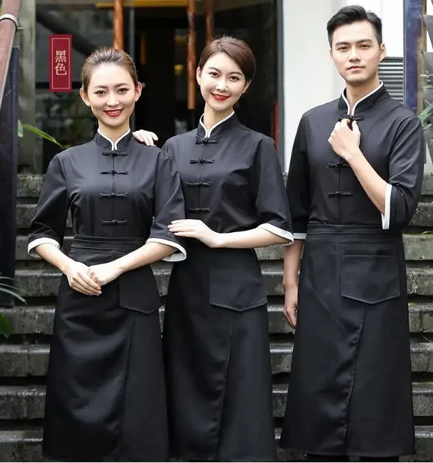 Uniforme de restaurante chino, camisa de primavera para hombre, camisetas negras, camarero, vintage