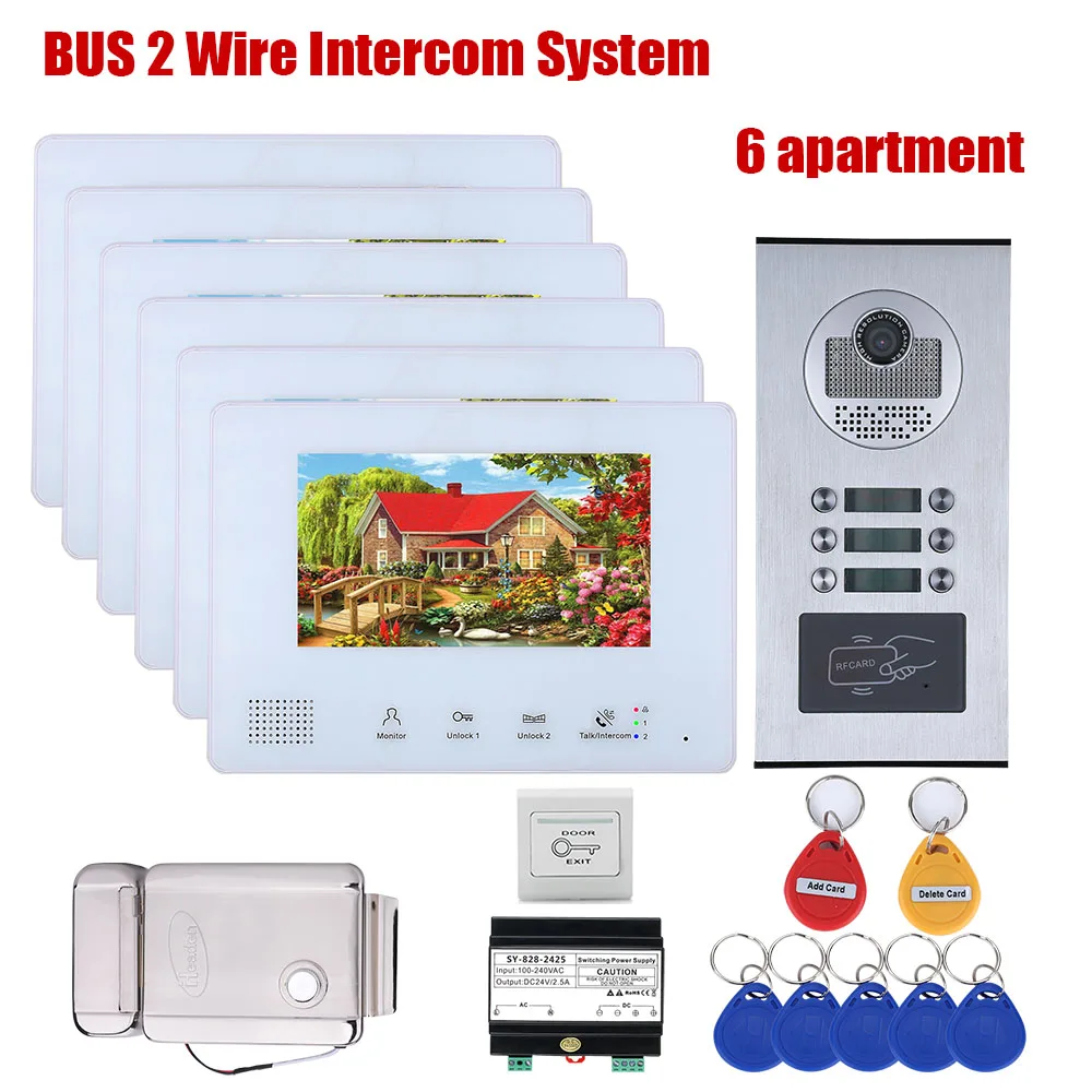 4/5/6 Units Apartment BUS 2 Wire Video Door Phone Intercom Systems 7Inch LCD Kit For Electronic Door Lock home Night Vision