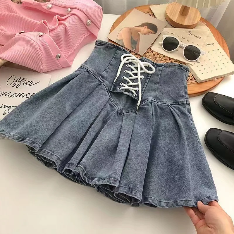 

Girls Spring Summer New Elastic Denim Pleated Skirt Korean Version Of Cross-strap Elastic Waist Skirt Anti-slip Skirt 100-170cm