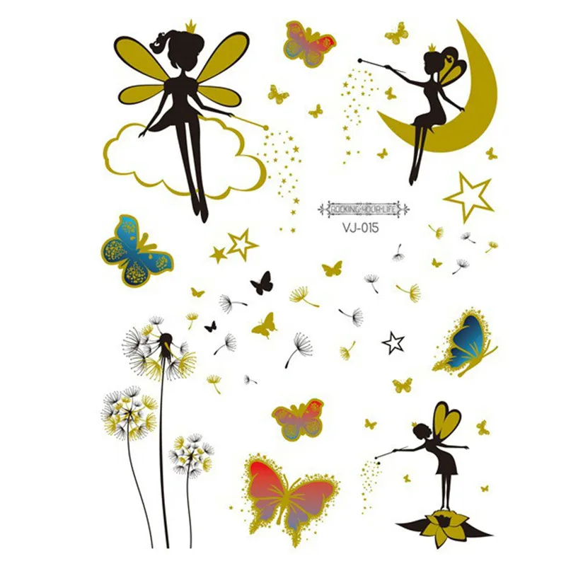 Temporary Tattoo Butterfly Fairy Kids Women Party Body Arm Art Fake Flash Tattoos Gold Metallic Bracelet Wrist Tattoo Stickers