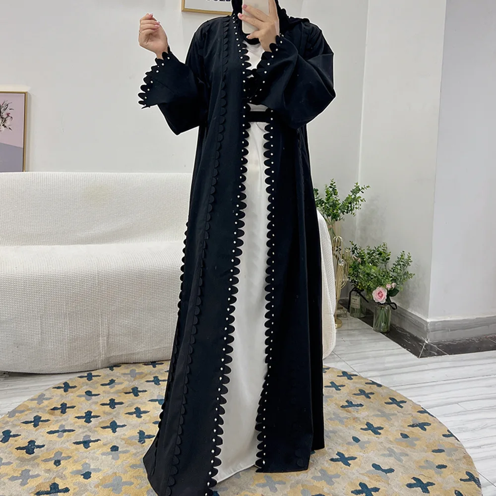 Luxury Muslim Women Open Abayas Arabic Islamic Outfits Middle East Solid Color Dubai Beading Maxi Robe Kimono Cardigan Ramadan