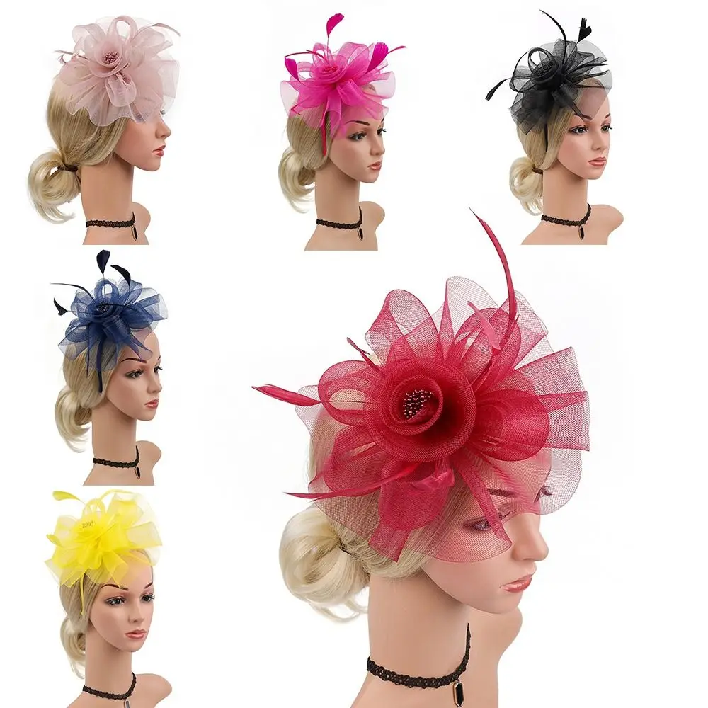 New Feathers Ribbon Fascinator Hats Bridal Mesh Hair Band Tea Party Kentucky Headband Women