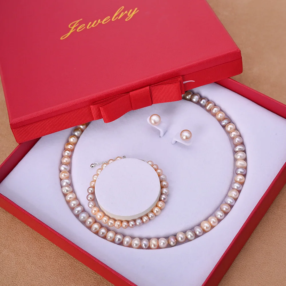 

8-9mm Natural Freshwater Pearl Jewelry Set Pink & Purple Necklace Bracelet Earrings Elegant Gift Box for Women