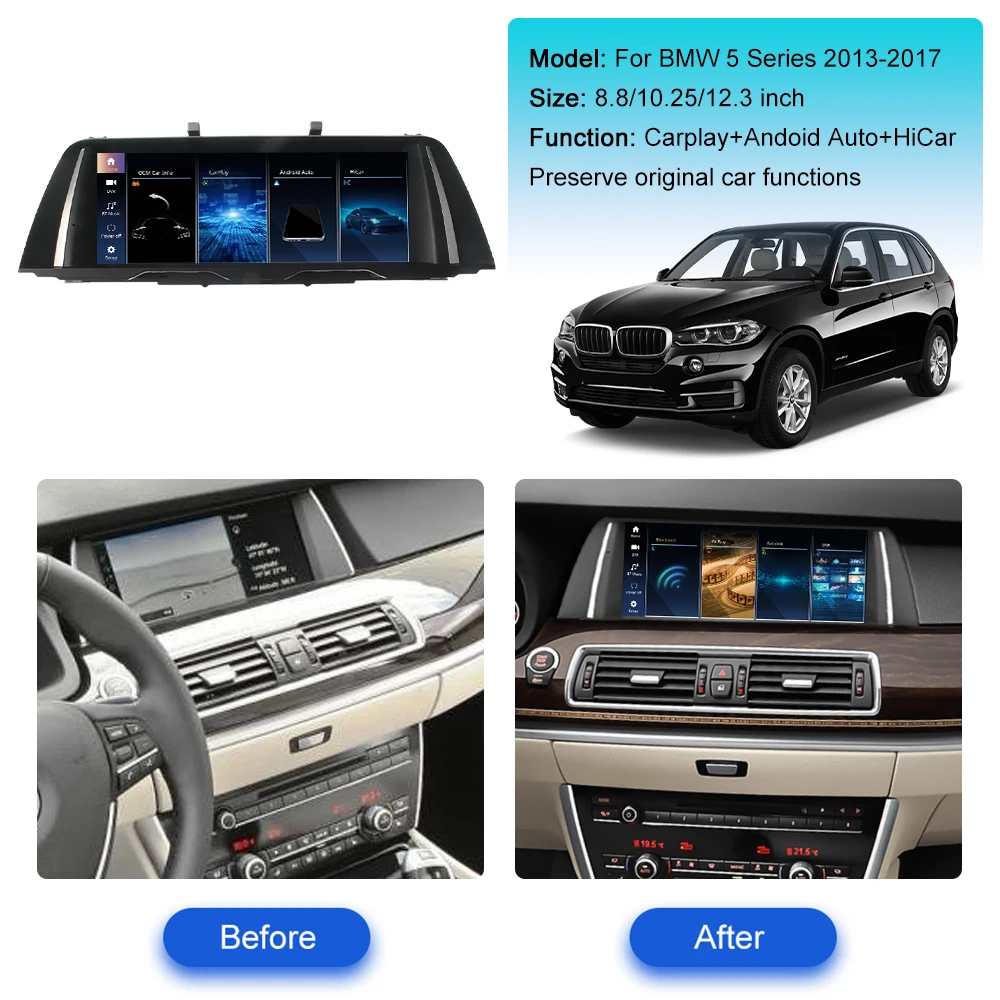 12.3 Inch For BMW 5 Series 2013-2017 Car Radio Multimedia Player GPS Navigation CarPlay QLED Touch Anti Glare Screen Head Unit