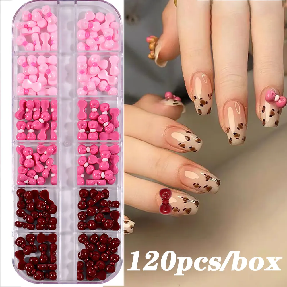 120 Stück Kawaii rosa/rote Schleifen Nageldekorationen 12 Gitter 3D Cartoon Harz Schleife Nail Art Charms 10 mm süße Schleife Nagelzubehör PH8