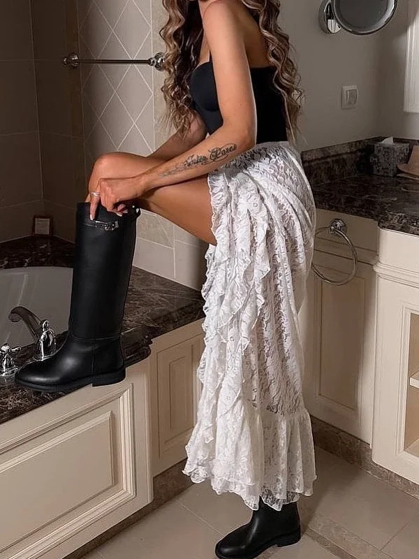 New Summer Women's Lace Asymmetrical Split Half-length Skirt Transparent Bell- Long Skirt Street Style Midi Skirt