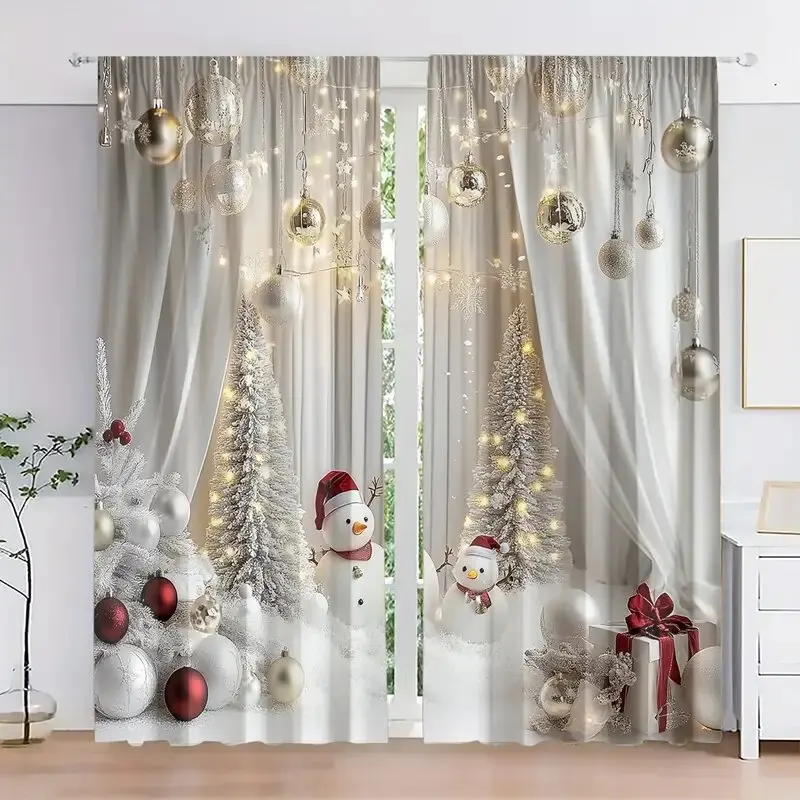 2 piezas - Cortinas navideñas estampadas con muñecos de nieve y patrones de árboles, decoración del hogar, decoración de la habitación