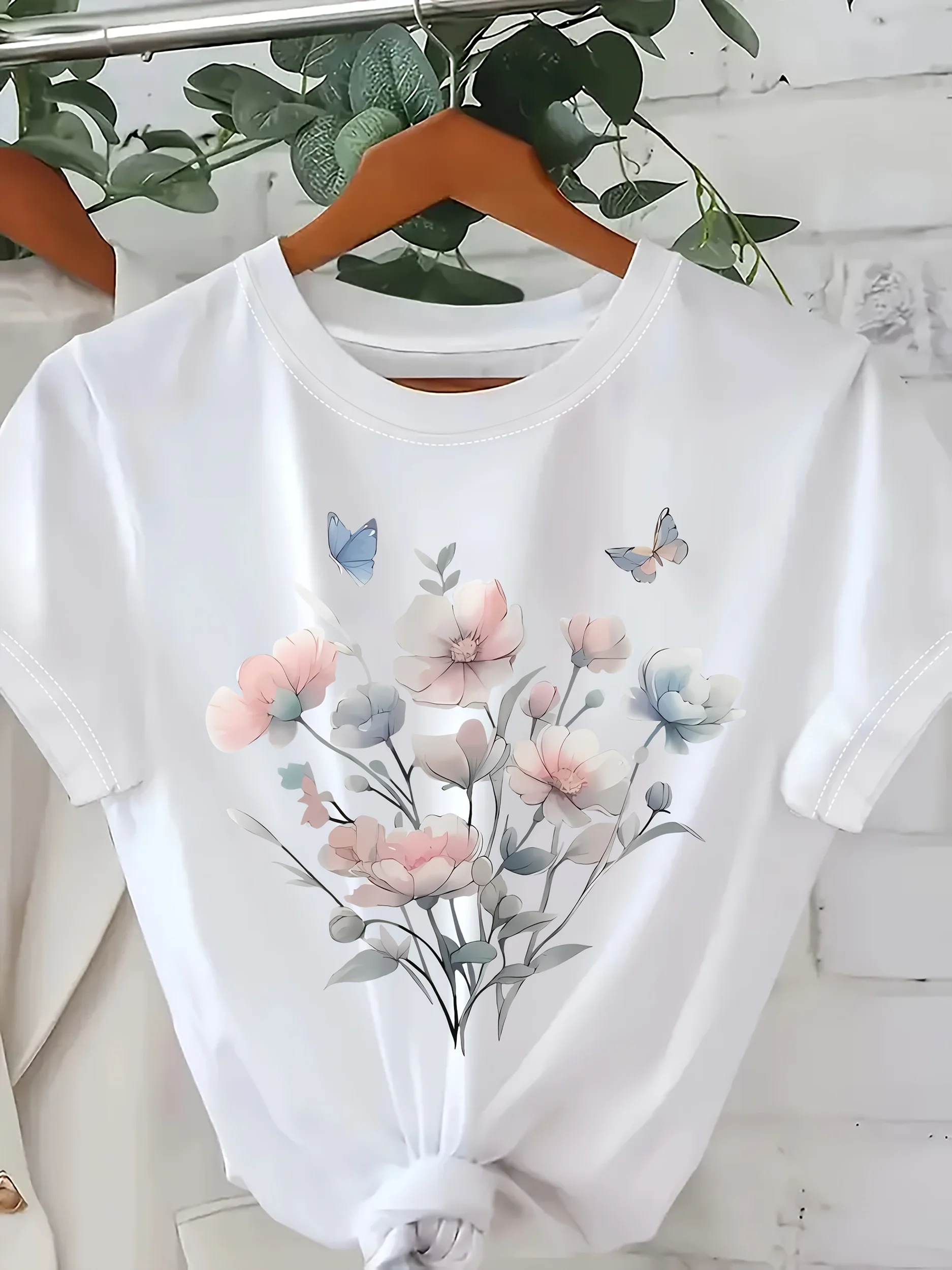Women'S Floral Print T-Shirt Pink Pastel Top with Floral Pattern Harajuku Sleeve Casual Clothing Street Tops Aesthetic Clothes
