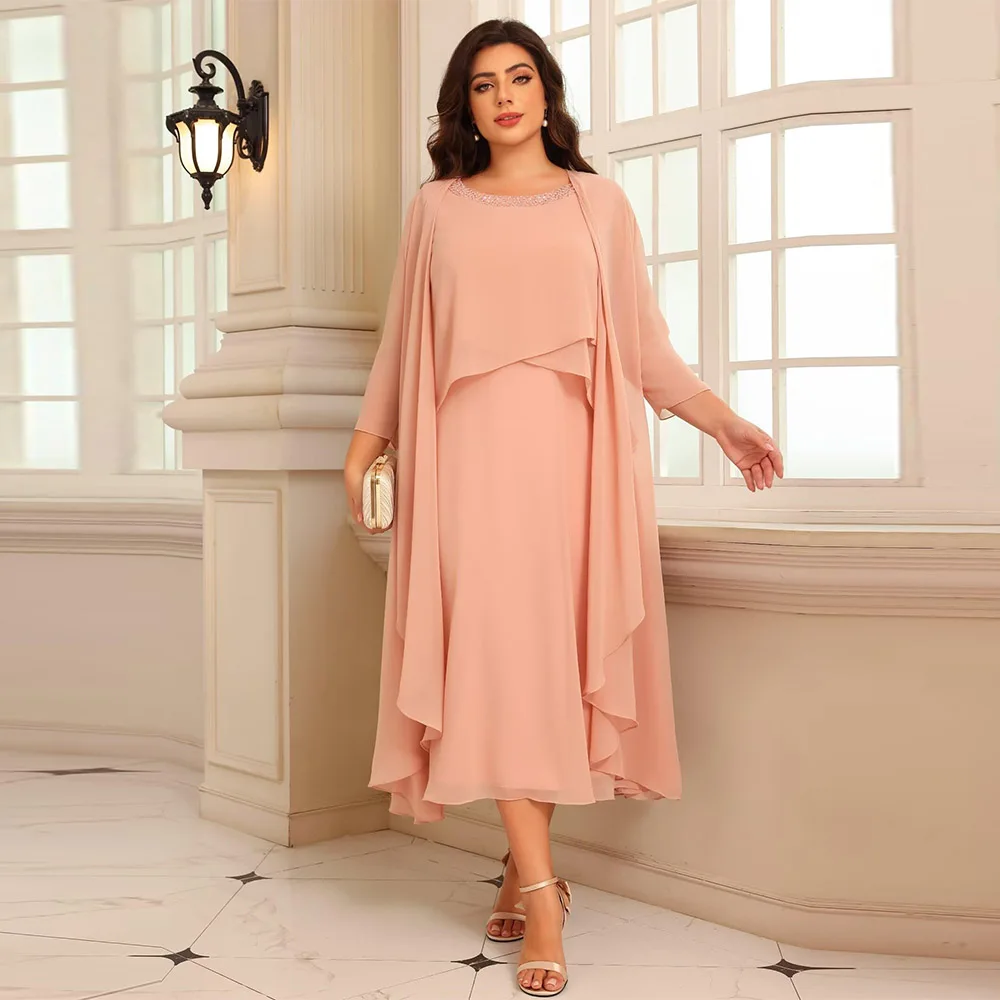 

Customized Elegant 2 Piece Chiffon Mother of The Bride Dresses with O Neck Jacket Seuqin Formal Tea Length Evening Dress 2025