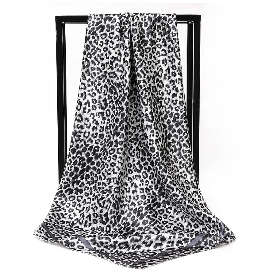 Leopard Print Square Silk Scarfs 90cm Hair Scarf Women Fashion Designer Beautiful Flowers Foulard Soft Satin Shawl Kerchief