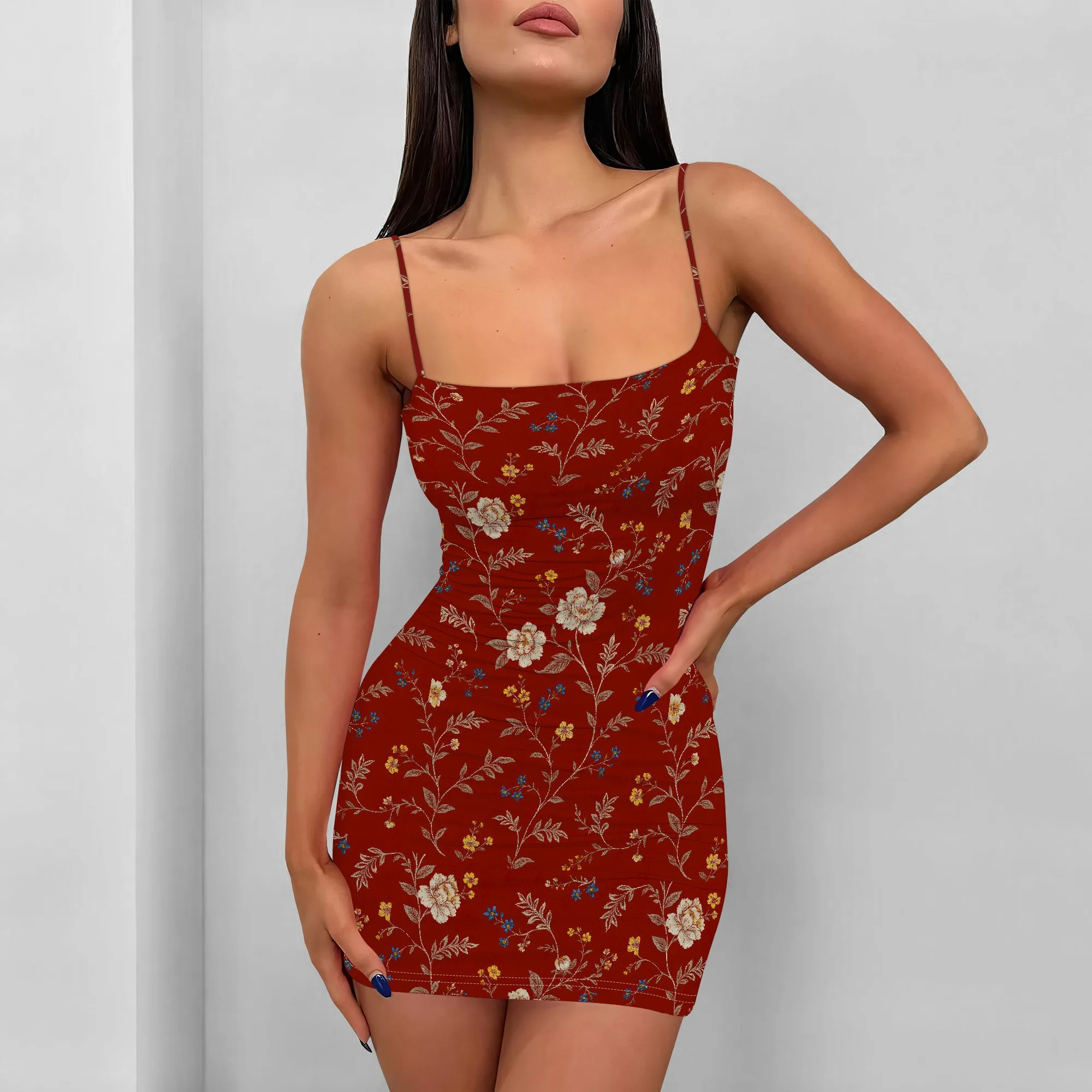 ผู้หญิง Ditsy ดอกไม้ Ruched Cami ชุดมินิเอวสูงสปาเก็ตตี้ชุดดินสอ