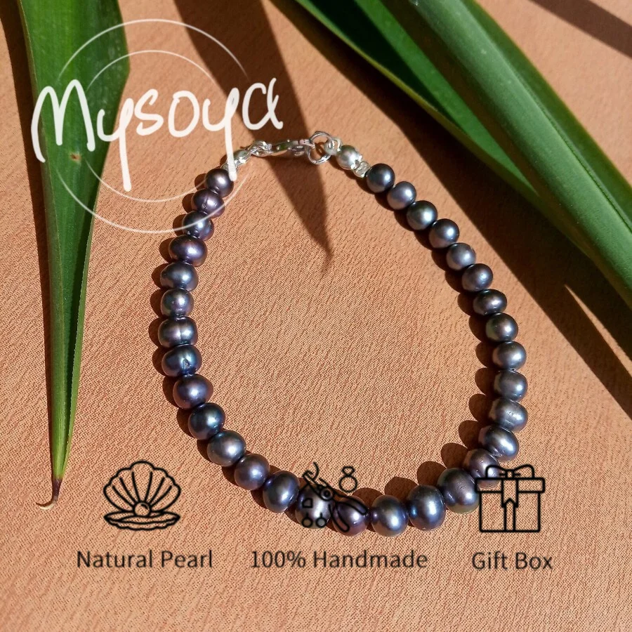 

MYSOYA 7-8mm Natural Black Freshwater Pearl Bracelet For Women And Men With Gift Box Birthday Wedding Anniversary Jewelry Gift