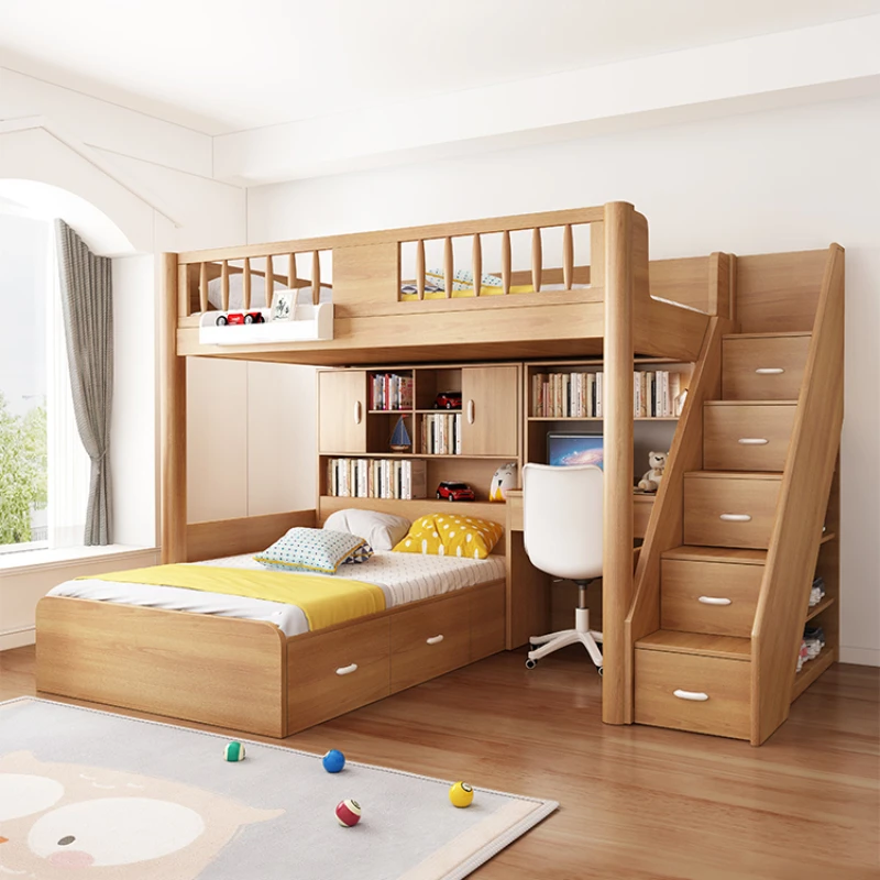 

Staggered upper and lower beds, bed and lower tables, children's high and low beds, small units, space saving, staggered upper