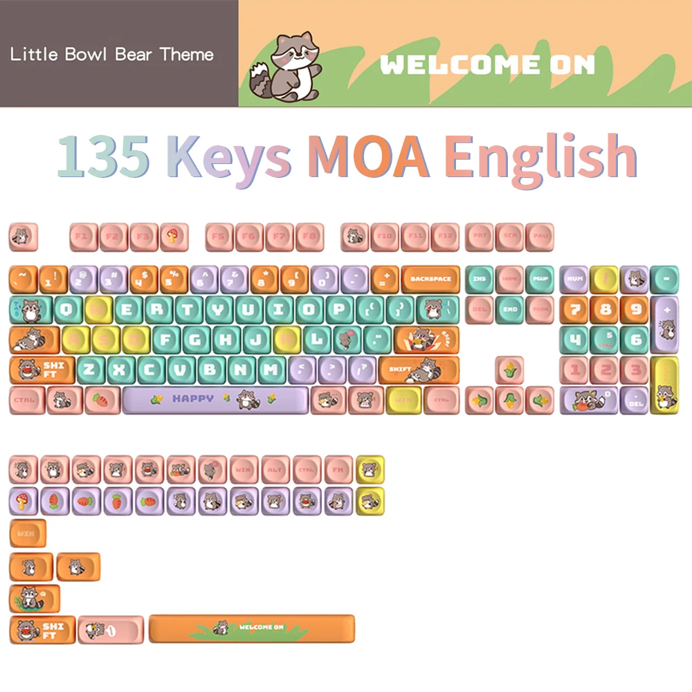 135Keys Cute Keycaps PBT MOA Profile Key Caps Multicolor Brown Orange Raccoon Theme Key Cap for DIY Mechanical Keyboard Kit