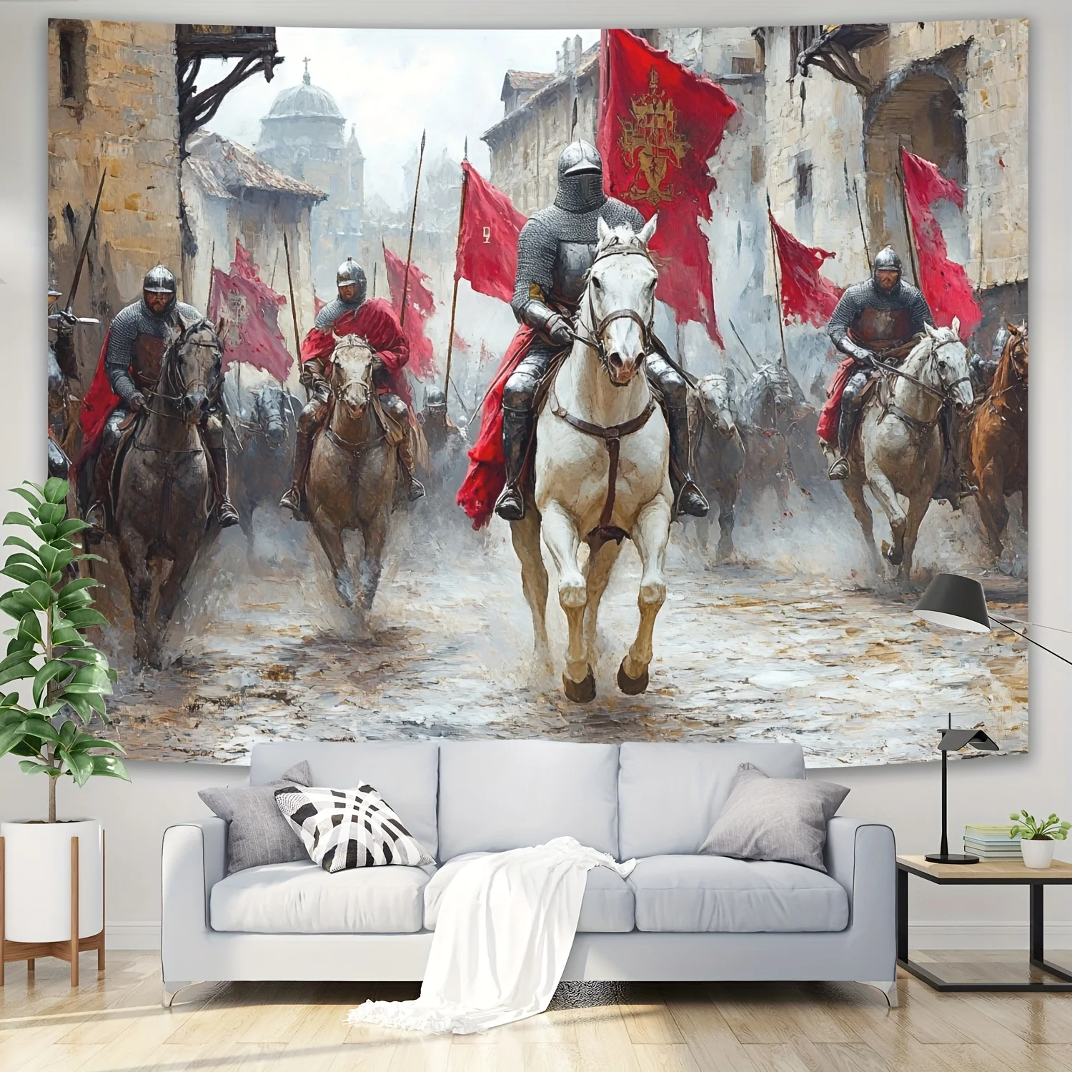 Elegant Medieval Battle Scene Tapestry - Polyester Wall Hanging with Crusaders, Horses & Flags - Perfect for Home Gatherings