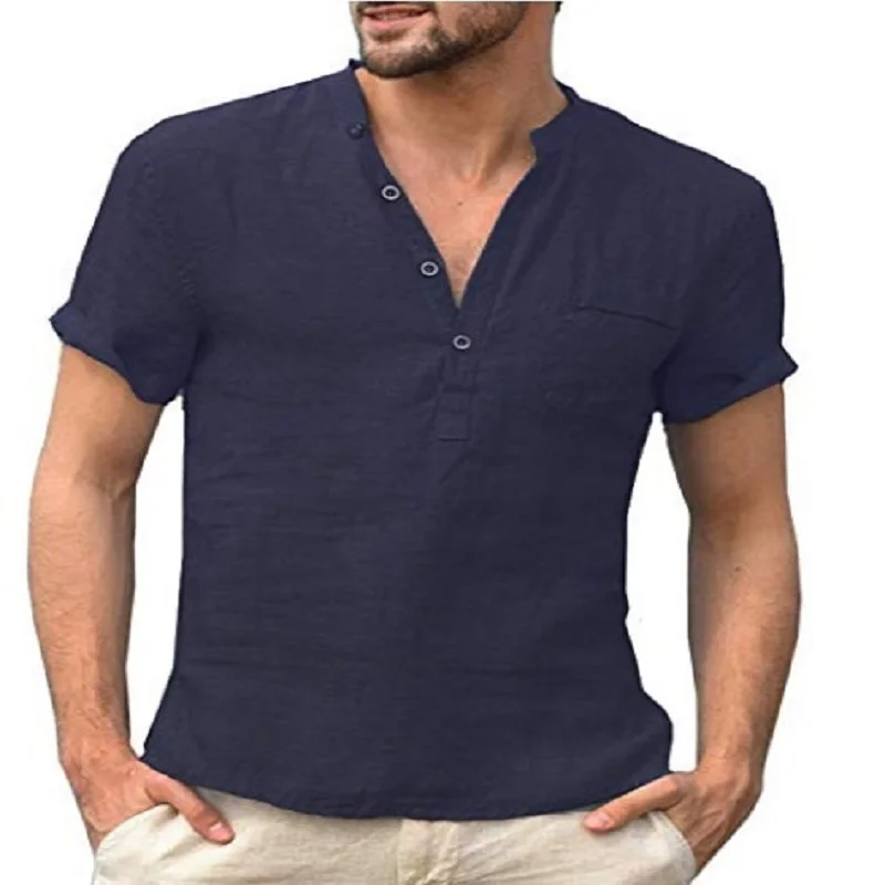 Summer Polo Shirt With Half Open Neck And Short Sleeve T-Shirt Men Short-Sleeved T-Shirt Cotton And Linen Led Casual Breathable